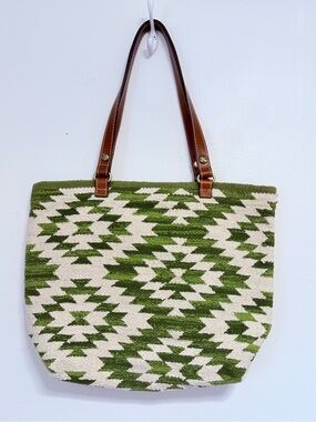 Patricia Nash Hand Loomed Woven Chennai Tote Green & White